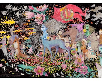 Impressão de arte fantástica, ilustração de animais, decoração maximalista.