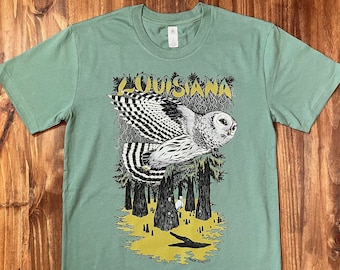 Louisiana Owl T Shirt, Screen Printed Tee, LA Souvenir Apparel, Wildlife Silkscreen