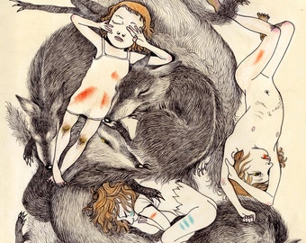 May include: A black and white illustration of a group of people and animals. The people are lying down and the animals are curled around them. The illustration is done in a realistic style and the animals have a lot of detail.