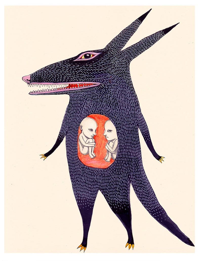 May include: A black, stylized creature with a large mouth and sharp teeth, holding two small, white figures inside its body. The creature has a long, pointed tail and large, pointed ears. The figures are sitting inside the creature's body, which is filled with a red, orange, and yellow pattern.