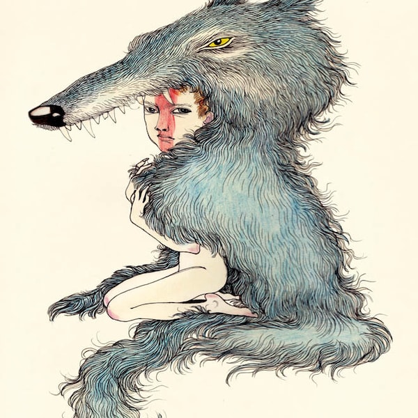 Impression d'illustration d'art de garçon loup