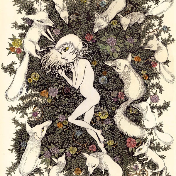 White Fox Fairytale Girl Art Print