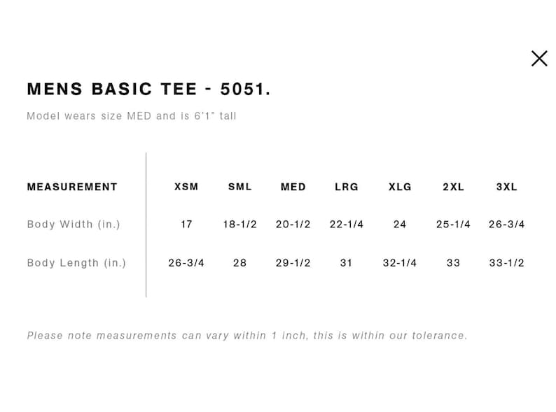 May include: White text on a black background displays "MENS BASIC TEE - 5051." and a size chart. The chart shows body width and length measurements in inches for sizes XSM to 3XL. The model wears size MED and is 6'1" tall.