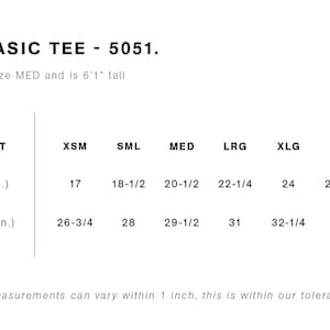 May include: Size chart for a basic tee shirt with measurements in inches for body width and length. Sizes include X-Small, Small, Medium, Large, X-Large, 2X-Large, and 3X-Large.