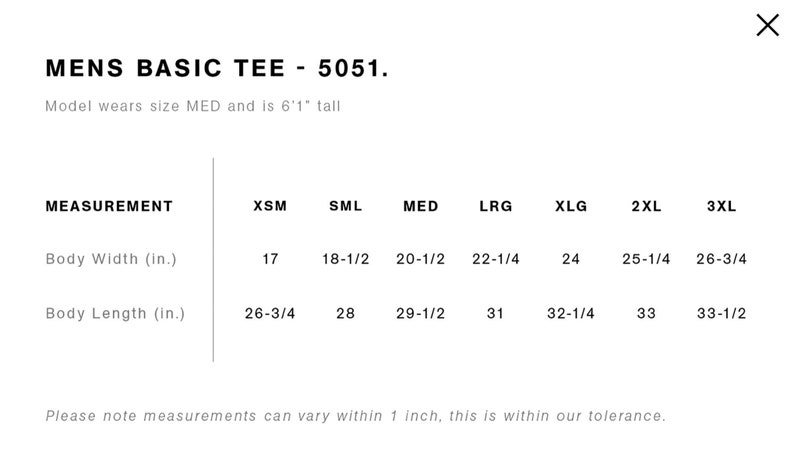 May include: Size chart for a basic tee shirt with measurements in inches for body width and length. Sizes include X-Small, Small, Medium, Large, X-Large, 2X-Large, and 3X-Large.