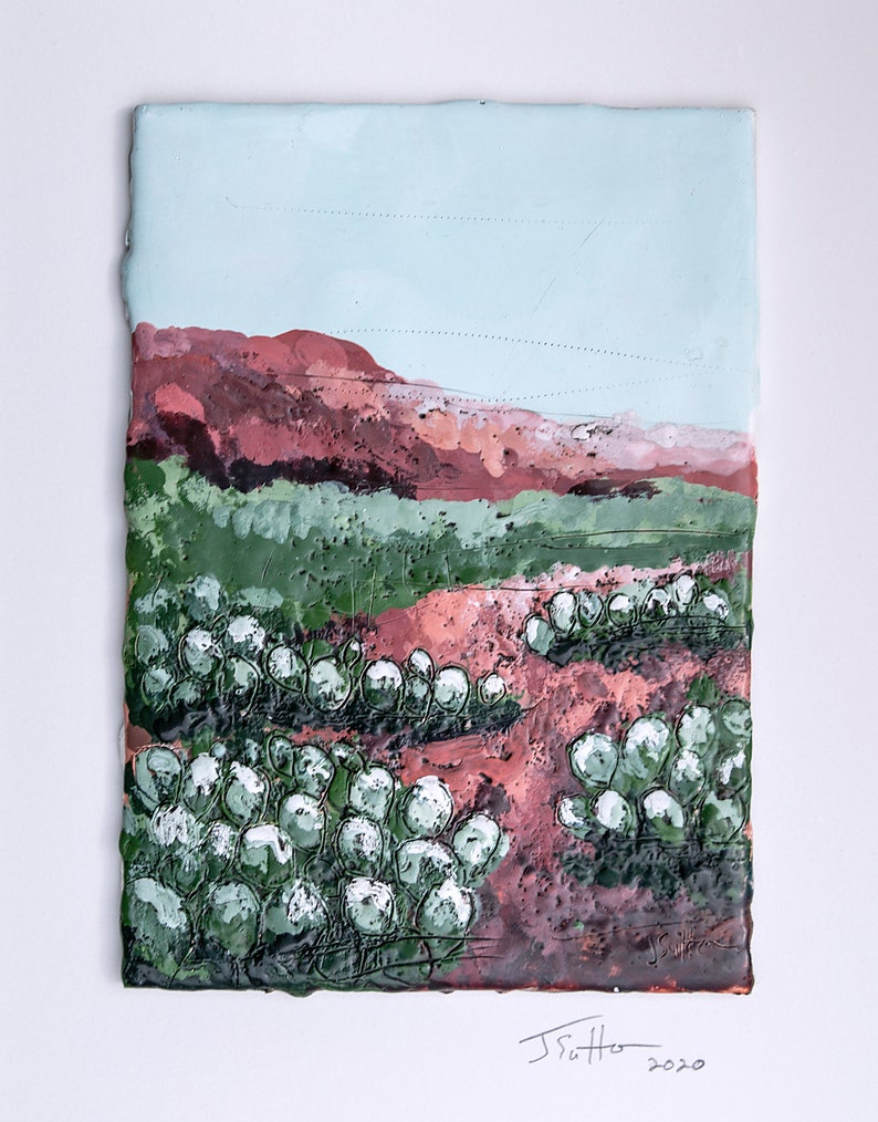 Original Abstract Encaustic Painting succulent desert pattern beeswax resin heavily textured decor artwork