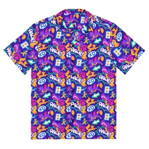 May include: Short-sleeved button-down shirt with a vibrant purple background and a repeating pattern of cartoonish creatures, speech bubbles with "RAWR!" and "XD", and other graphic elements in yellow, orange, and teal.
