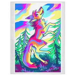 May include: A colourful art print showing a wolf howling. The wolf is rendered in shades of pink, orange, and purple, set against a backdrop of green trees and a multi-coloured sky. The artist's signature, "THEROGUEZ", is visible.
