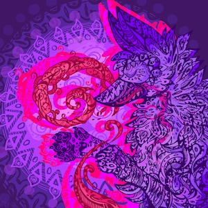 以下が含まれることがあります： 複雑なディテールとパターンでスタイリッシュなオオカミを描いた、紫とピンクのデジタルイラスト。オオカミは渦巻くツルとマンダラのような背景に囲まれています。