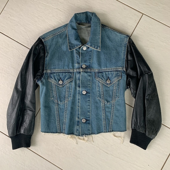 Mens Jean Denim Jacket with Leather Sleeves  Jackets Masters