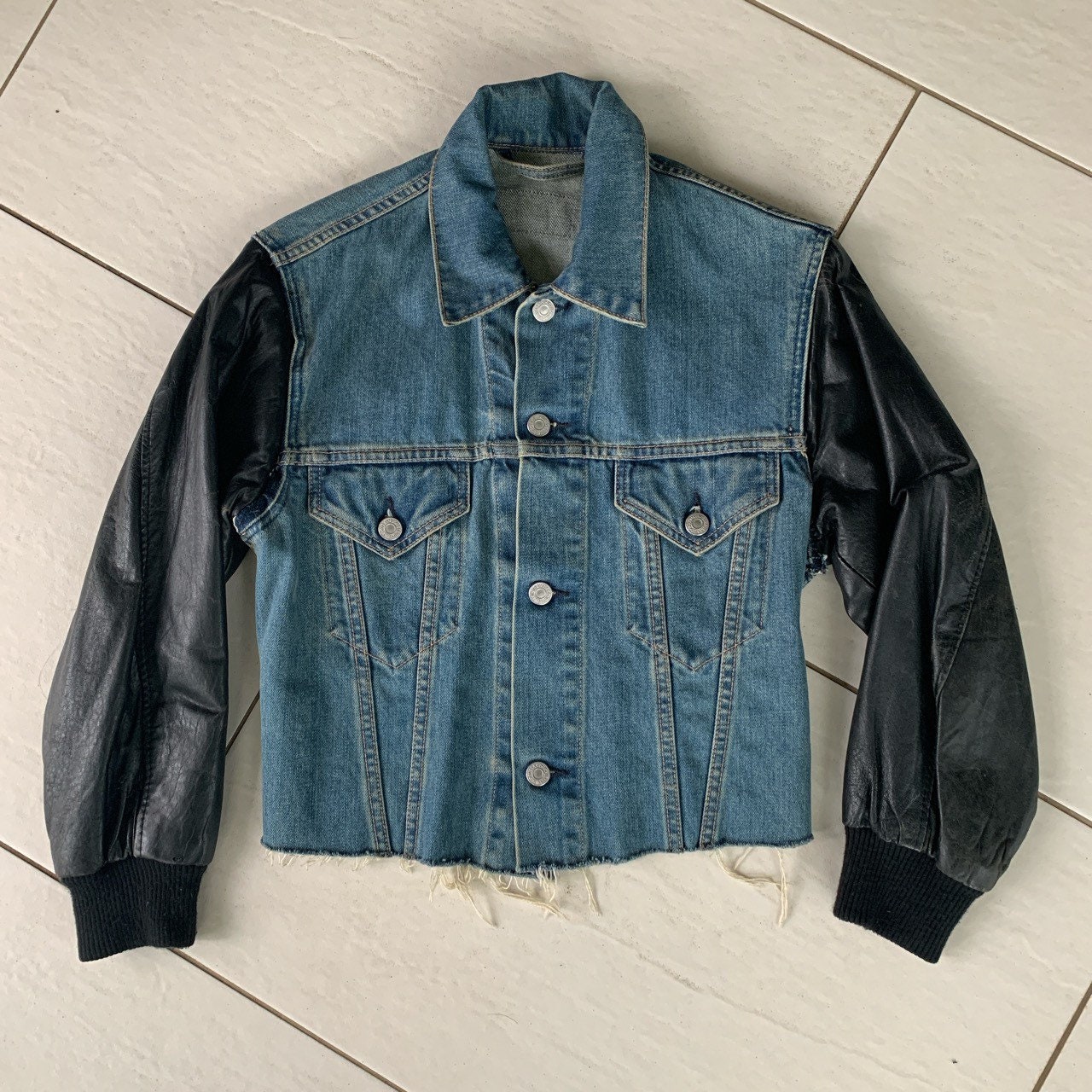 Jean jacket with leather arms sales
