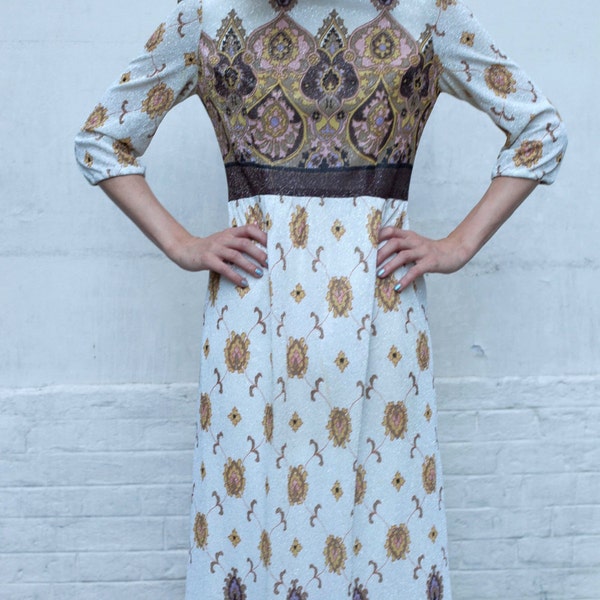 Stunning 60s paisley pattern beige glitter hippie long dress size S