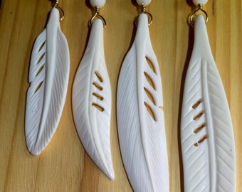 Carved bone feather,  boho earrings, feather, tribal earrings, music festival, pow wow, boho, bohemian, Southwestern