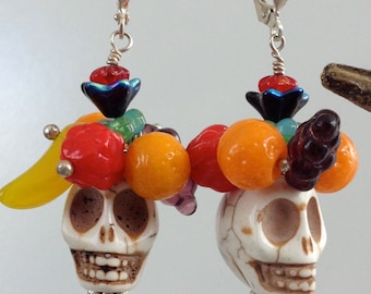 Carmen Miranda Skull Earrings Fruit topped Skull Earrings, Sugar Skull, Day of the Dead, Funky Skull Earrings