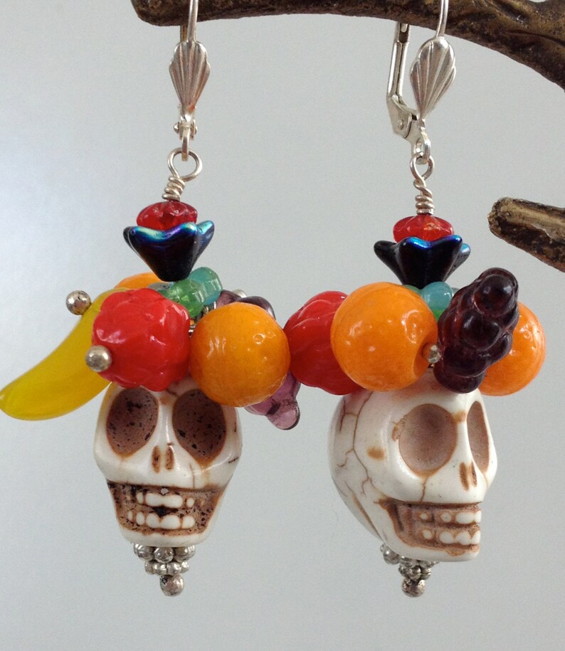 Carmen Miranda Skull Earrings Fruit topped Skull Earrings, Sugar Skull, Day of the Dead, Funky Skull Earrings image 1