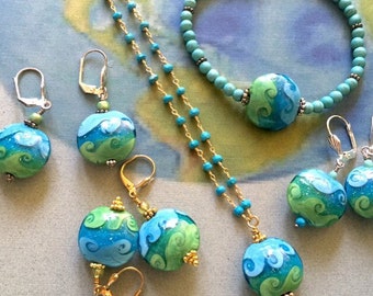 Earth day necklace, lampwork earth bead, wave bead, ocean art, air and water, ocean, waves