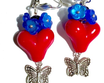 Red heart love earrings, Valentine's day earrings, puffy heart lamp work, hearts,