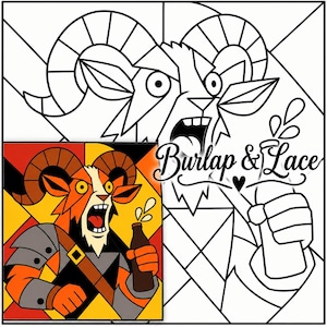 May include: A graphic illustration featuring a ram character with orange, yellow, and gray geometric segments, holding a brown bottle. The text Burlap & Lace with a small heart icon is displayed next to a black and white line art version.