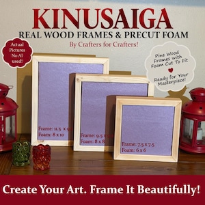 May include: Three light-colored pine wood frames with purple foam inserts. The frames are labeled with dimensions: 11.5 x 9.5 inches, 9.5 x 9.5 inches, and 7.5 x 7.5 inches. Text on the image reads KINUSAIGA REAL WOOD FRAMES & PRECUT FOAM.