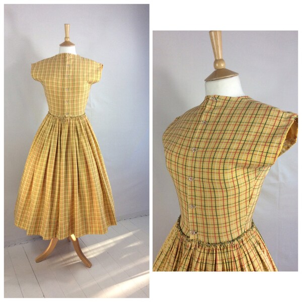 1950s Dress, Mustard, Day Dress, Spring, Summer, Full Skirt,UK size 8, US size 6.