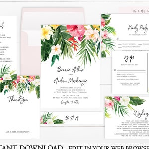 Hawaiian Wedding Invitation Set Template | Beach Wedding Invitation Printable | Instant Download | Tropical | Floral | Destination | PDF