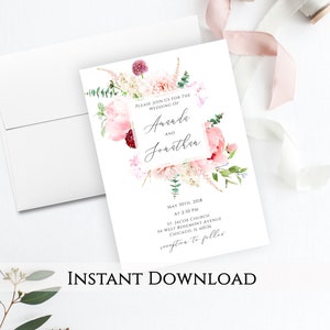 Blush Floral Wedding Invitation Template | Pink Floral Wedding Invitation Printable | Instant Download | Peonies | Dahlia | Romantic | PDF