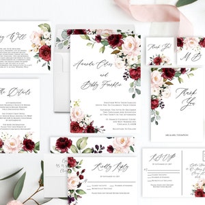 Burgundy Floral Wedding Invitation Set Template | Printable Marsala Wedding Invitation Suite, Instant Template Download, Garden, Rustic, Bri