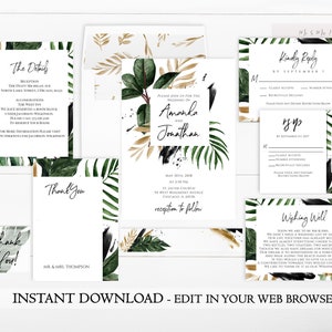 Printable Greenery Wedding Invitation Template, Tropical Wedding Invitation Suite, Instant Download, Beach Wedding Invite, Gold, Leaf, Flo