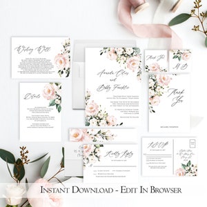 White Floral Wedding Invitation Set Printable |  Editable Wedding Invitation Template Suite | Instant Download | Garden | Blush Floral | PDF