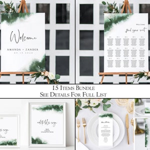 Green Watercolor Wedding Sign Template Bundle, Emerald Wedding Sign Bundle, Coastal Sign Package, Green Sign Bundle Template, Download, Peri