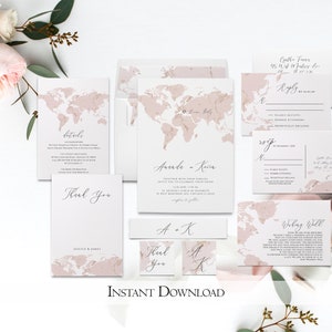 Destination Wedding Invitation Template Download, Map Wedding Invitation Set, Travel Wedding Invitation Printable, Watercolor Map Invite Nya