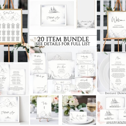 Mountain Wedding Invitation Template Download Rustic Wedding - Etsy
