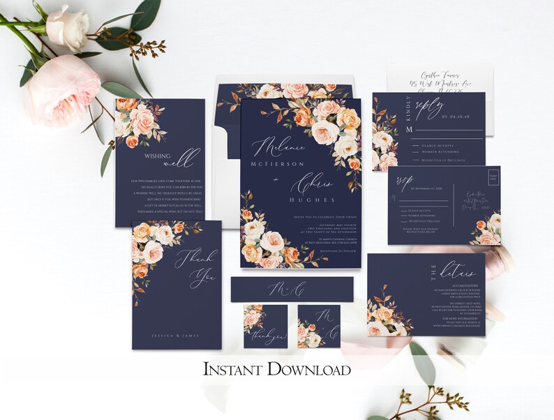 Mel Autumn Wedding Invitation Set Fall WEDDING BUNDLE Template Rustic Floral Wedding Invitation Template Bundle Boho Invitation bundle