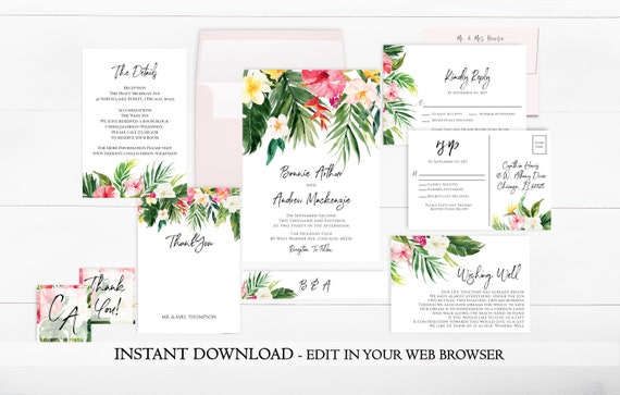 Hawaiian Wedding Invitation Set Template Beach Wedding - Etsy