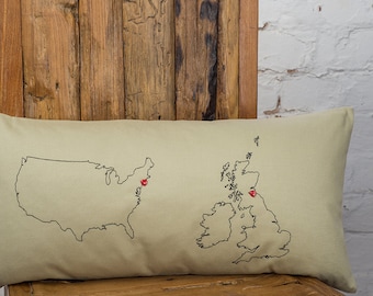 Personalised map cushion cover - Long distance love - Missing you Boyfriend - Personalised pillow - 2nd anniversary - Map pillow - Miss you