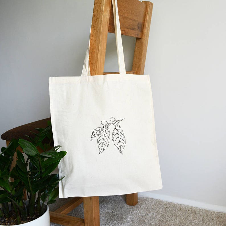 Embroidered bag Coffee lovers gift Coffea arabica tote bag Botanical art Natural cotton tote bag Coffee art Coffee addict gift