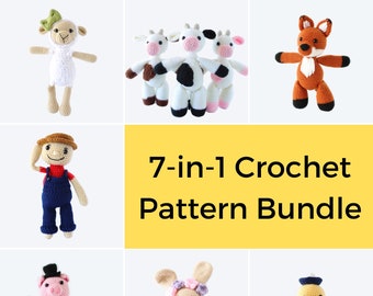 Farm Buddies Collection - Crochet Pattern Bundle - Amigurumi farm animals, crochet piglet, bunny, lamb, duckling, farmer, fox, crochet cow