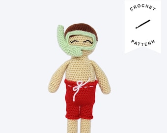 CROCHET PATTERN: Danny the Diver Plushie | crochet pattern, stuffed animal, amigurumi pattern, plush, beach, snorkel, digital download
