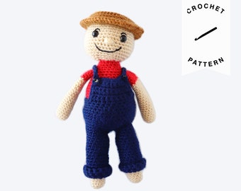 CROCHET PATTERN: Freddy the Farmer Plushie | crochet pattern, stuffed animal, amigurumi pattern, plushie, farmer, doll, digital download PDF