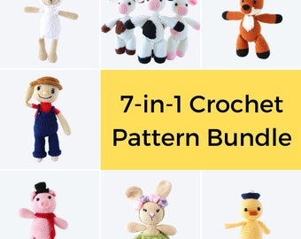 Farm Buddies Collection - Crochet Pattern Bundle - Amigurumi farm animals, crochet piglet, bunny, lamb, duckling, farmer, fox, crochet cow