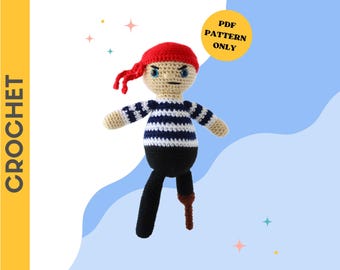 MOTIF AU CROCHET : Peluche Perceval le pirate | motif au crochet, peluche, motif amigurumi, peluche, plage, pirate, téléchargement numérique
