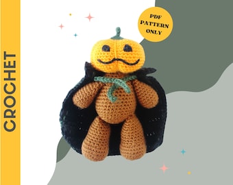 May include: Crocheted pumpkin doll with a black cape and green tie. The pumpkin has a smiling face and a green stem. The text "PDF PATTERN ONLY" is in a yellow circle. The word "CROCHET" is written vertically in yellow.