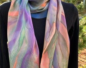 Healing Energy Silk Art Scarf. "Gentle Nature" Coral/Violet