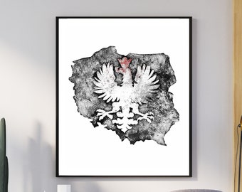 Polish map and eagle poster, black and white, minimalism, Poland, home decor