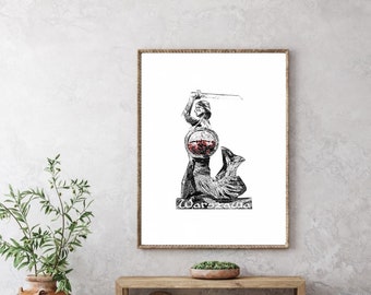 Poster Warsaw, Poland, home decor, Black and White illustration with touch of red, Mermaid