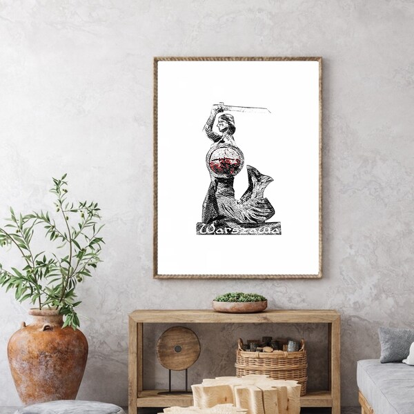 Poster Warsaw, Poland, home decor, Black and White illustration with touch of red, Mermaid