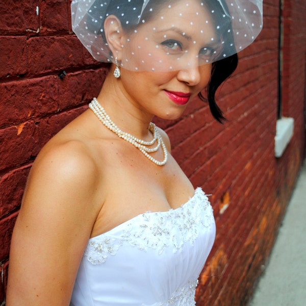 Anne - Off White Polka Dot Birdcage Bridal Veil, Swiss Dot Wedding Veil