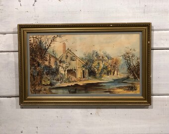 Vintage signed original framed watercolor farm scene S.Yates artist