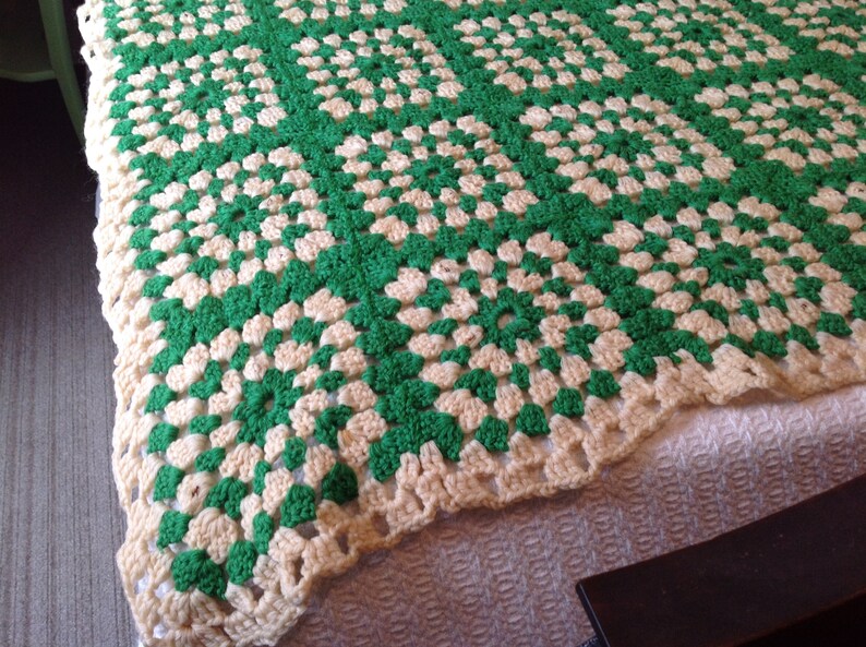 Vintage Crocheted Granny Square Green and White Blanket