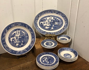 Vintage Blue Willow Serving Plate, Salad and Dessert Plate, Platter, Berry and Soup Bowls